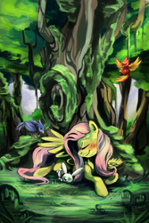 Size: 1024x1536 | Tagged: safe, artist:purplelemons, imported from derpibooru, angel bunny, fluttershy, bird, blushing, cute, eyes closed, forest, shyabetes, tree, under the tree