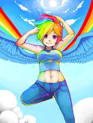 Size: 2042x2691 | Tagged: safe, artist:crazyrainbowstars, imported from derpibooru, rainbow dash, human, armpits, artifact, belly button, clothes, female, humanized, midriff, solo, tanktop, winged humanization