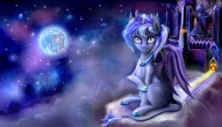 Size: 1600x920 | Tagged: safe, artist:gremlinkun, imported from derpibooru, oc, oc only, oc:night hawk, alicorn, bat pony, pony, alicorn oc, castle, mare in the moon, moon, night, solo