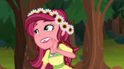 Size: 842x473 | Tagged: safe, imported from derpibooru, screencap, gloriosa daisy, equestria girls, legend of everfree, female, geode of fauna, geode of shielding, geode of sugar bombs, geode of super speed, geode of super strength, magical geodes, solo, tongue bite