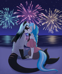 Size: 3199x3800 | Tagged: safe, artist:askbubblelee, imported from derpibooru, oc, oc only, oc:bubble lee, oc:imago, oc:mako, anthro, hybrid, orca pony, original species, unicorn, anthro oc, beach, blushing, female, fireworks, kissing, makolee, male, oc x oc, shipping, straight