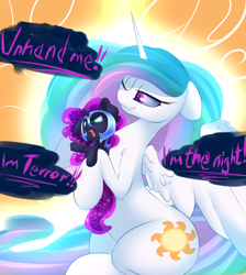 Size: 2000x2230 | Tagged: safe, artist:madacon, imported from derpibooru, nightmare moon, princess celestia, alicorn, pony, angry, blatant lies, color porn, cute, cutelestia, dialogue, duo, duo female, fangs, female, floppy ears, fluffy, frown, glare, grin, helmet, high res, i am the night, i'm not cute, lidded eyes, lunabetes, madacon is trying to murder us, mare, mini, missing accessory, momlestia, moonabetes, newbie artist training grounds, nightmare retardant, nightmare woon, one eye closed, open mouth, royal sisters, sitting, smiling, spread wings, sweet dreams fuel, tiny ponies, wink