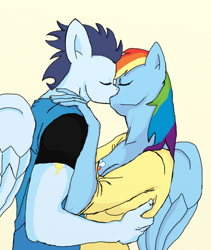 Size: 1232x1460 | Tagged: safe, artist:eulicious, imported from derpibooru, rainbow dash, soarin', anthro, clothes, cutie mark, eyes closed, female, kissing, male, shipping, simple background, soarindash, straight