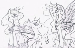 Size: 2255x1454 | Tagged: safe, artist:rossmaniteanzu, imported from derpibooru, princess celestia, princess luna, thorax, alicorn, changeling, pony, the times they are a changeling, ethereal mane, female, grayscale, male, mare, monochrome, pencil drawing, sketch, starry mane, traditional art, trio