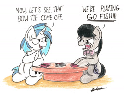 Size: 1989x1520 | Tagged: safe, artist:bobthedalek, imported from derpibooru, dj pon-3, octavia melody, vinyl scratch, earth pony, pony, unicorn, angry, bow, bowtie, card game, dialogue, duo, female, looking at each other, mare, open mouth, playing card, sexy, strip poker, table, traditional art, we don't normally wear clothes