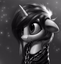 Size: 4187x4349 | Tagged: safe, artist:sceathlet, imported from derpibooru, princess celestia, alicorn, pony, absurd resolution, alternate hairstyle, bust, chains, clothes, cute, cutelestia, featured image, female, floppy ears, grayscale, mare, monochrome, punklestia, realistic, shirt, short hair, sitting, smiling, solo