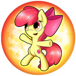 Size: 2539x2539 | Tagged: safe, artist:flamevulture17, imported from derpibooru, apple bloom, pony, bipedal, commission, cute, cutie mark, female, filly, open mouth, solo, the cmc's cutie marks