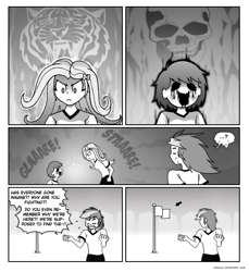 Size: 854x932 | Tagged: safe, artist:crydius, imported from derpibooru, fluttershy, rainbow dash, big cat, tiger, comic:annual chs flag hunt, equestria girls, chara, comic, crossover, monochrome, skull, stare down, the stare, undertale