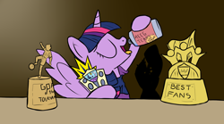 Size: 1600x889 | Tagged: safe, imported from derpibooru, twilight sparkle, alicorn, pony, 4chan cup, drinking, eyes closed, female, football, solo, tongue out, trophy, twilight sparkle (alicorn), your tears are delicious