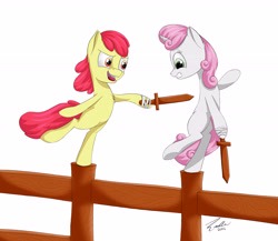 Size: 4581x3977 | Tagged: safe, artist:deltauraart, imported from derpibooru, apple bloom, sweetie belle, pony, bipedal, fencing, open mouth, simple background, sword, weapon, white background, wooden sword