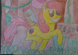 Size: 4276x2988 | Tagged: safe, artist:lordpuhadk, imported from derpibooru, apple bloom, applejack, absurd file size, appletini, cutie mark, pony in a bottle, smiling, the cmc's cutie marks, traditional art