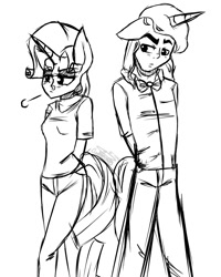 Size: 989x1238 | Tagged: safe, artist:fluffyrainbowkitty, imported from derpibooru, prince blueblood, rarity, anthro, monochrome