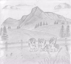 Size: 3684x3306 | Tagged: safe, artist:periodicbrony, imported from derpibooru, apple bloom, scootaloo, sweetie belle, cutie mark, cutie mark crusaders, monochrome, raised hoof, scenery, the cmc's cutie marks, traditional art