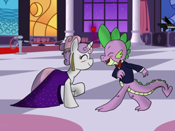 Size: 1600x1200 | Tagged: safe, artist:wasill-da, imported from derpibooru, spike, sweetie belle, ballroom, blushing, dancing, female, gala, heart, male, shipping, spikebelle, straight