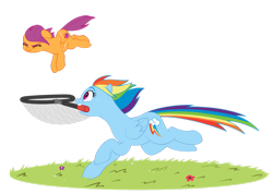 Size: 1024x729 | Tagged: safe, artist:petalierre, imported from derpibooru, rainbow dash, scootaloo, butterfly net, cutie mark, eyes closed, flying, mouth hold, net, running, scootaloo can fly, scootalove, the cmc's cutie marks