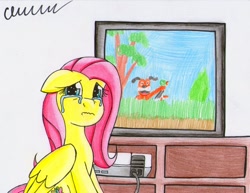 Size: 1024x792 | Tagged: safe, artist:the1king, imported from derpibooru, fluttershy, crying, duck hunt, duck hunt dog, female, floppy ears, nintendo, nintendo entertainment system, op, op is fluttershy, sad, solo, television, this ended in tears, this pony needs a hug