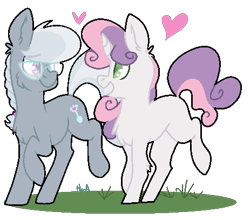 Size: 463x408 | Tagged: safe, artist:maximumbark, imported from derpibooru, silver spoon, sweetie belle, pony, female, filly, heart, lesbian, open mouth, raised hoof, shipping, silverbelle