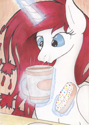 Size: 672x941 | Tagged: safe, artist:michael thompson, imported from derpibooru, oc, oc only, oc:princess apricity, alicorn, pony, bronycan, canada, canadian, coffee, coffee break, donut, female, food, maple leaf, mare, solo, tim hortons, traditional art