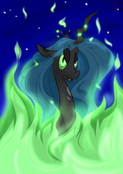 Size: 1190x1683 | Tagged: safe, artist:briarspark, imported from derpibooru, queen chrysalis, changeling, changeling queen, female, fire, green fire, solo