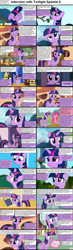 Size: 1282x4375 | Tagged: safe, imported from derpibooru, pinkie pie, twilight sparkle, alicorn, pony, comic:celestia's servant interview, adorkable, book, caption, comic, cs captions, cute, dork, fast food, flash cards, floppy ears, food, golden oaks library, hilarious in hindsight, implied flash sentry, interview, levitation, magic, shelf, telekinesis, twiabetes, twilight sparkle (alicorn), twilight's castle