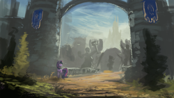 Size: 1920x1080 | Tagged: dead source, safe, artist:shamanguli, imported from derpibooru, twilight sparkle, unicorn, castle, crossover, female, gate, newbie artist training grounds, scenery, solo, statue, unicorn twilight, wallpaper, warcraft, wip, world of warcraft