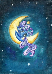 Size: 1024x1463 | Tagged: safe, artist:twixyamber, imported from derpibooru, princess luna, female, moon, solo, stars, tangible heavenly object, traditional art