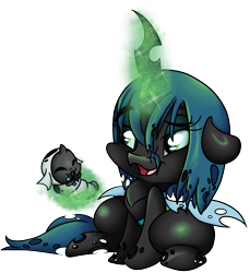 Size: 3007x3281 | Tagged: safe, artist:cutepencilcase, imported from derpibooru, queen chrysalis, changeling, changeling larva, changeling queen, nymph, the times they are a changeling, cute, cutealis, cuteling, duo, female, open mouth, simple background, transparent background