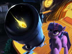 Size: 1280x960 | Tagged: safe, artist:tarantad0, imported from derpibooru, twilight sparkle, unicorn, balcony, comet, female, night, reflection, solo, spaceship, stargazing, telescope, unicorn twilight