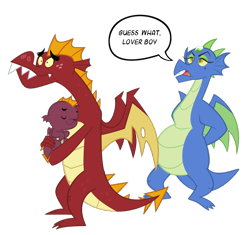 Size: 850x800 | Tagged: safe, artist:queencold, edit, imported from derpibooru, garble, oc, oc:frazzle, dragon, baby dragon, canon x oc, dragon oc, dragoness, pregnant, shipping, simple background, speech bubble, teen pregnancy, teenaged dragon, text, transparent background, you dun goofed