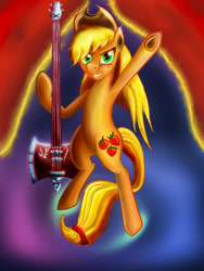 Size: 768x1024 | Tagged: safe, artist:gremlinkun, imported from derpibooru, applejack, pony, axe guitar, bipedal, female, guitar, solo