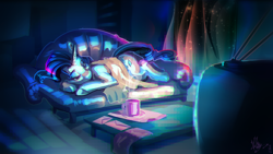 Size: 2162x1216 | Tagged: safe, artist:alumx, imported from derpibooru, rarity, beverage, blanket, couch, cup, drink, envelope, female, living room, night sky, prone, solo, song cover, stars, television, vylet pony, watching