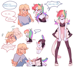 Size: 1142x1057 | Tagged: safe, artist:dusty-munji, imported from derpibooru, applejack, rainbow dash, cat, human, appledash, catgirl, clothes, costume, dialogue, dress, female, grammar error, humanized, lesbian, maid, pony coloring, rainbow maid, shipping, simple background, socks, thigh highs, white background