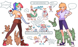 Size: 1280x784 | Tagged: safe, artist:dusty-munji, imported from derpibooru, applejack, rainbow dash, dedenne, hoppip, human, jolteon, leafeon, skiddo, squirtle, belly button, clothes, converse, crossover, humanized, midriff, parody, pokémon, pony coloring, shoes, sneakers