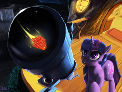 Size: 1280x960 | Tagged: safe, artist:tarantad0, edit, imported from derpibooru, twilight sparkle, pony, unicorn, chrono trigger, female, lavos, reflection, solo, stargazing, telescope, this will not end well, unicorn twilight