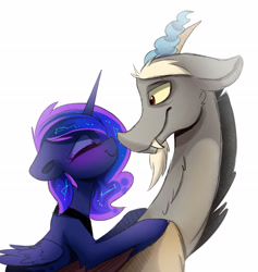 Size: 2400x2531 | Tagged: safe, artist:elementalokami, imported from derpibooru, discord, princess luna, female, lunacord, male, shipping, straight