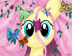 Size: 1024x791 | Tagged: safe, artist:thefcshop, imported from derpibooru, fluttershy, butterfly, dragonfly, ladybug, pegasus, pony, bust, cute, fantasia, fantasia 2000, female, firebird suite, portrait, shyabetes, solo, spring sprite, stray strand