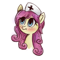 Size: 1024x1024 | Tagged: safe, artist:kittumera, imported from derpibooru, fluttershy, alternate hairstyle, bust, female, looking away, looking up, nurse, nurse outfit, portrait, simple background, solo, white background
