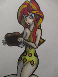 Size: 3864x5152 | Tagged: safe, artist:butaniku48, imported from derpibooru, sunset shimmer, equestria girls, ano niku, breasts, busty sunset shimmer, caveman, cavewoman, clothes, cute, dress, eating, female, first human giatrus, food, humanized, leopard print, manga meat, meat, omnivore sunset, prehistoric, solo, thighs, traditional art