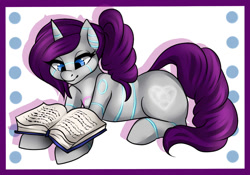 Size: 1000x700 | Tagged: safe, artist:fur-what-loo, imported from derpibooru, oc, oc only, oc:raribot, pony, robot, robot pony, unicorn, book, commission, cutie mark, female, hooves, horn, lying down, mare, prone, raribot, reading, solo