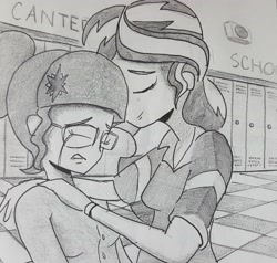 Size: 3109x2958 | Tagged: safe, artist:missmayaleanne, imported from derpibooru, sci-twi, sunset shimmer, twilight sparkle, equestria girls, canterlot high, clothes, crying, female, lesbian, lockers, monochrome, nuzzling, scitwishimmer, shipping, sunsetsparkle, traditional art