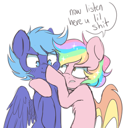 Size: 2658x2684 | Tagged: safe, artist:hawthornss, derpibooru exclusive, imported from derpibooru, oc, oc only, oc:code sign, oc:paper stars, bat pony, pegasus, pony, blushing, boop, chest fluff, cute, fluffy, frown, glare, listen here, nose wrinkle, raised hoof, scrunchy face, simple background, speech bubble, spread wings, squishy cheeks, vuldorable, vulgar, white background, wide eyes, wing fluff