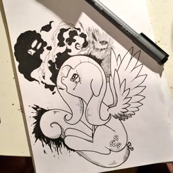 Size: 2048x2048 | Tagged: safe, artist:mizore43, imported from derpibooru, fluttershy, pegasus, pony, black and white, copic, female, floppy ears, grayscale, lineart, marker, marker drawing, markers, monochrome, open mouth, shadows, sitting, solo, spread wings, teary eyes, traditional art