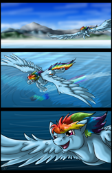 Size: 2520x3862 | Tagged: safe, artist:stormblaze-pegasus, imported from derpibooru, rainbow dash, pegasus, pony, comic, female, flying, lake, open mouth, solo