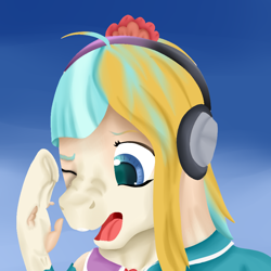 Size: 900x900 | Tagged: safe, artist:bevendre, imported from derpibooru, coco pommel, earth pony, human, pony, bust, female, headphones, human to pony, portrait, simple background, solo, transformation