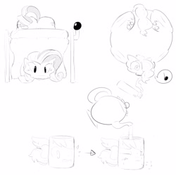 Size: 3000x3000 | Tagged: dead source, safe, artist:diabolicalsuper-pinn, imported from derpibooru, pinkie pie, rainbow dash, rarity, flattened, hose bulges, inanimate tf, inflation, monochrome, mug, transformation