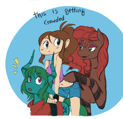 Size: 1280x1236 | Tagged: safe, artist:nauth, imported from derpibooru, oc, oc only, oc:alissa, oc:scarlet brush, oc:twinkle bun, horse, human, hybrid, zebra, belly button, sexy time