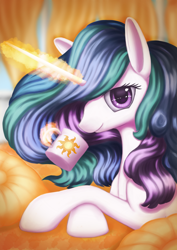 Size: 1024x1448 | Tagged: dead source, safe, artist:crystallinepone, imported from derpibooru, princess celestia, alicorn, pony, female, glowing horn, looking at you, mare, mug, solo