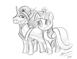 Size: 906x700 | Tagged: safe, artist:imdrunkontea, imported from derpibooru, king sombra, twilight sparkle, twilight sparkle (alicorn), alicorn, pony, female, male, monochrome, shipping, straight, twibra