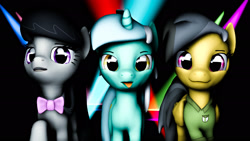 Size: 2500x1406 | Tagged: safe, artist:yellencandy, imported from derpibooru, daring do, lyra heartstrings, octavia melody, 3d, lights, looking at you, nightclub, raised hoof, source filmmaker, tongue out