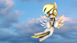 Size: 3840x2160 | Tagged: safe, artist:nightblader, imported from derpibooru, derpy hooves, pegasus, pony, 3d, cloud, female, flying, goggles, happy, looking at you, mare, poster, solo, source filmmaker